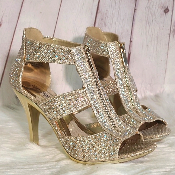 Rhinestone Bling Metallic Gold Heel Vegas Sparkly Stiletto Open Toe Heels Sz 7 - Picture 3 of 17